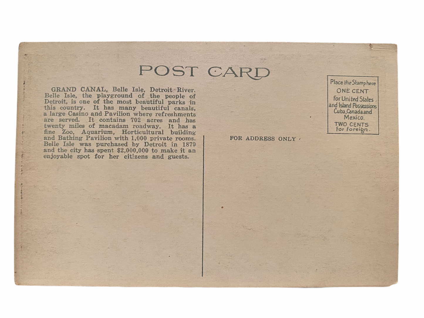 Bridge at Grand Canal, Bells Isle, Detroit Michigan. Unused Postcard Circa 1915-1930