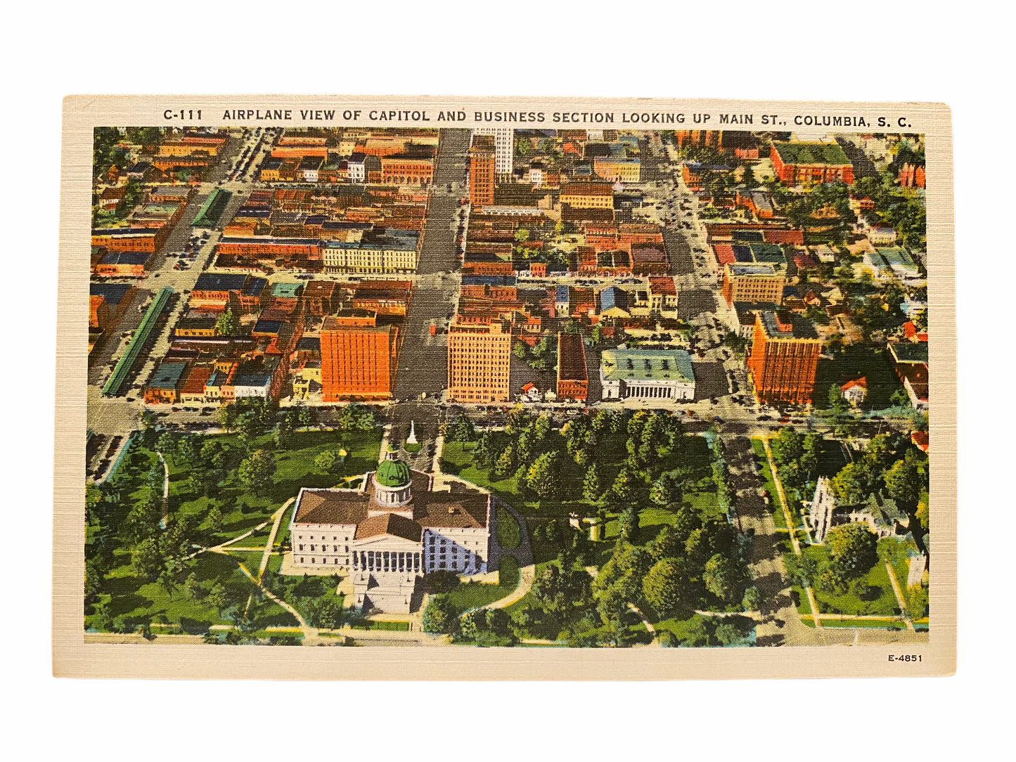 Airplane View of Capitol and Business Section Looking Up Main Street, Columbia South Carolina. Unused Linen Postcard Circa 1930-1944