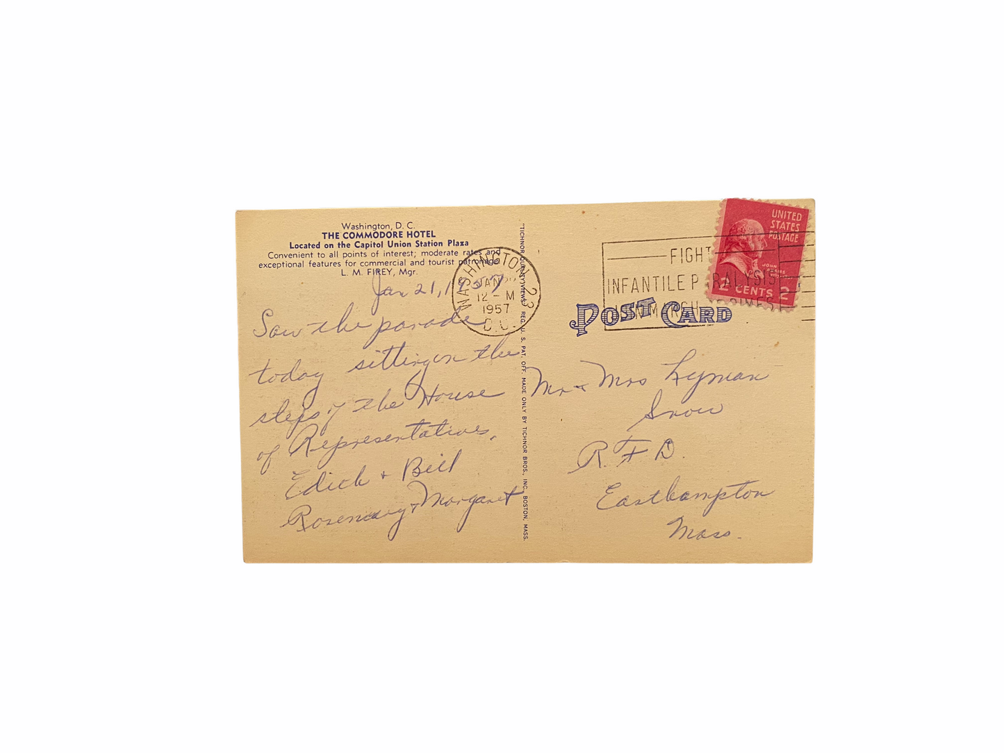 Hotel Commodore. Union Station Plaza, Washington, D.C. Postcard Sent Jan. 1957