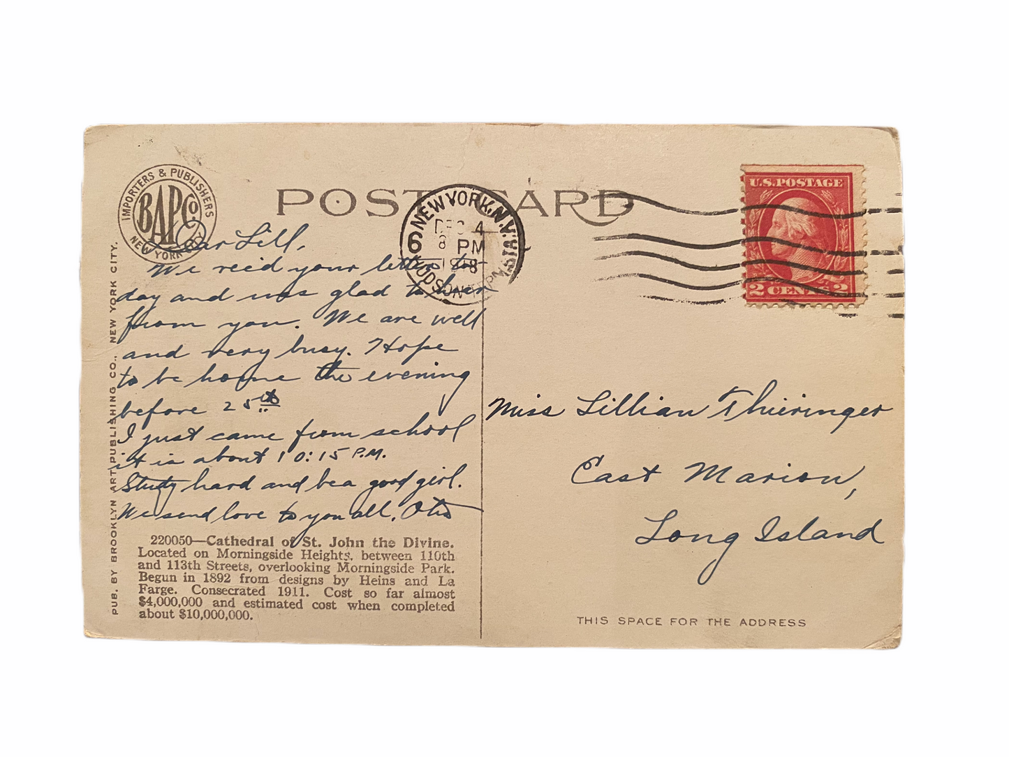 Cathedral of St. John The Divine, New York City. Postcard Sent Dec. 4 1918
