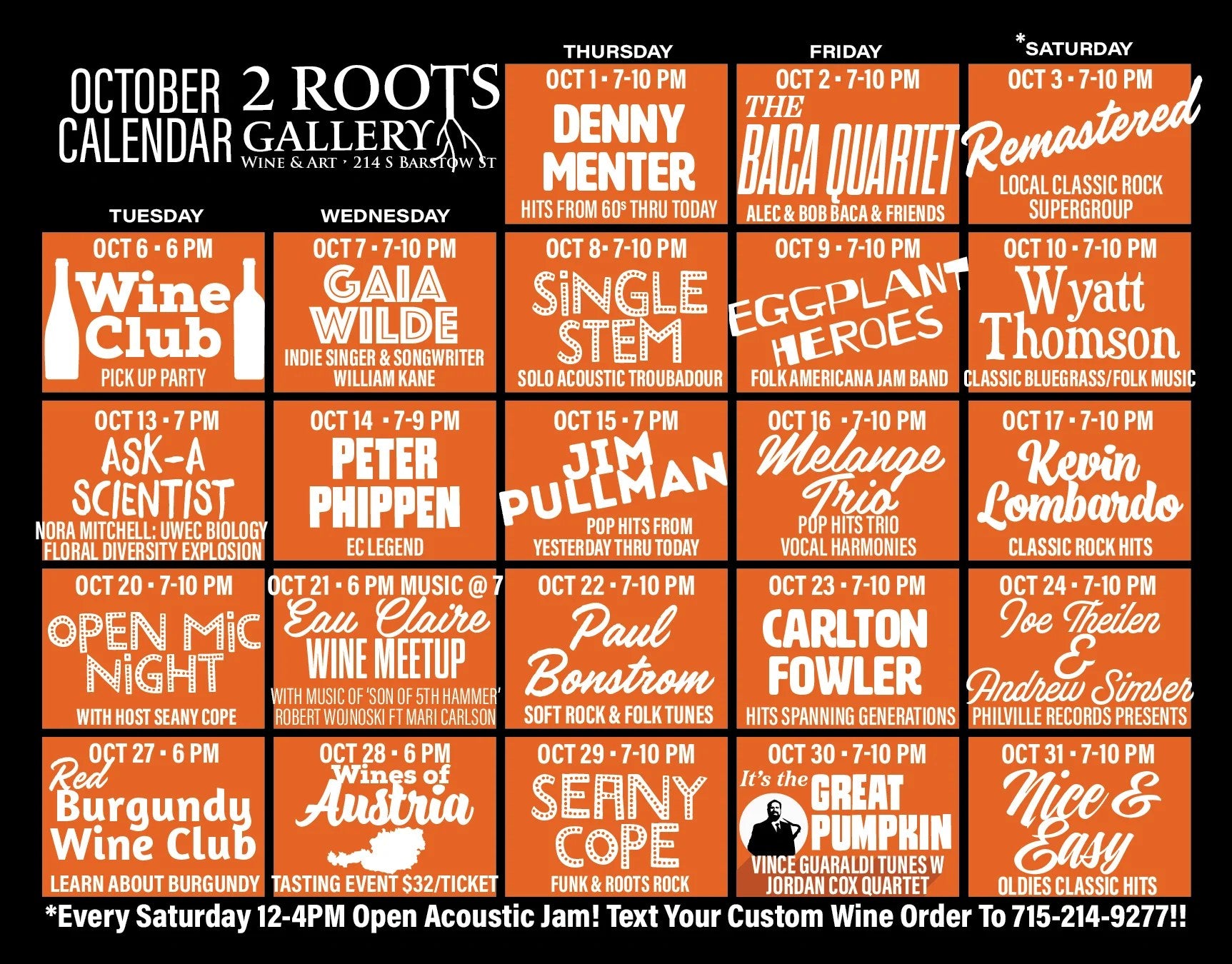 October calendar at 2 Roots Gallery: live music, wine club and tasting events, October 1 through 31