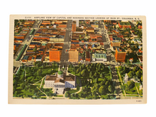 Load image into Gallery viewer, Airplane View of Capitol and Business Section Looking Up Main Street, Columbia South Carolina. Unused Linen Postcard Circa 1930-1944