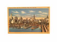Load image into Gallery viewer, Downtown Skyline, East River and Brooklyn Bridge, New York City. Linen Postcard Circa 1930-1944 Unused