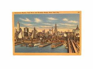 Downtown Skyline, East River and Brooklyn Bridge, New York City. Linen Postcard Circa 1930-1944 Unused