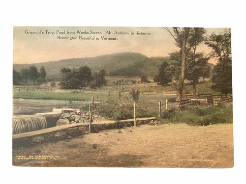 Griswold’s Trout Pond from Weeks Street. Mt. Anthony in Distance. Bennington Beautiful in Vermont. Unused Postcard Circa 1907-1915