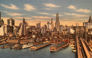 Downtown Skyline, East River and Brooklyn Bridge, New York City. Linen Postcard Circa 1930-1944 Unused