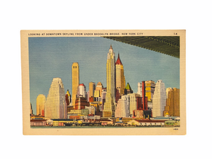 Looking at Downtown Skyline From Under Brooklyn Bridge, New York City. Linen Era (1930-1945) Unused