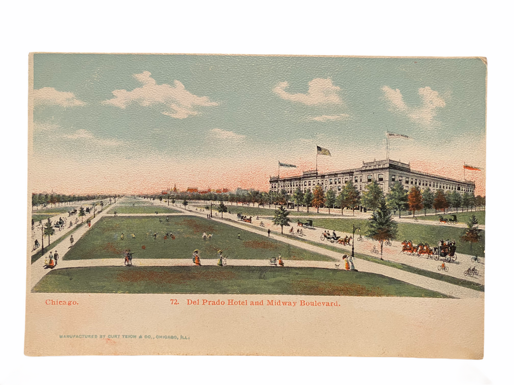 Del Prado Hotel and Midway Boulevard, Chicago. Unused Curt Teich & Co. Postcard Circa 1901-1907