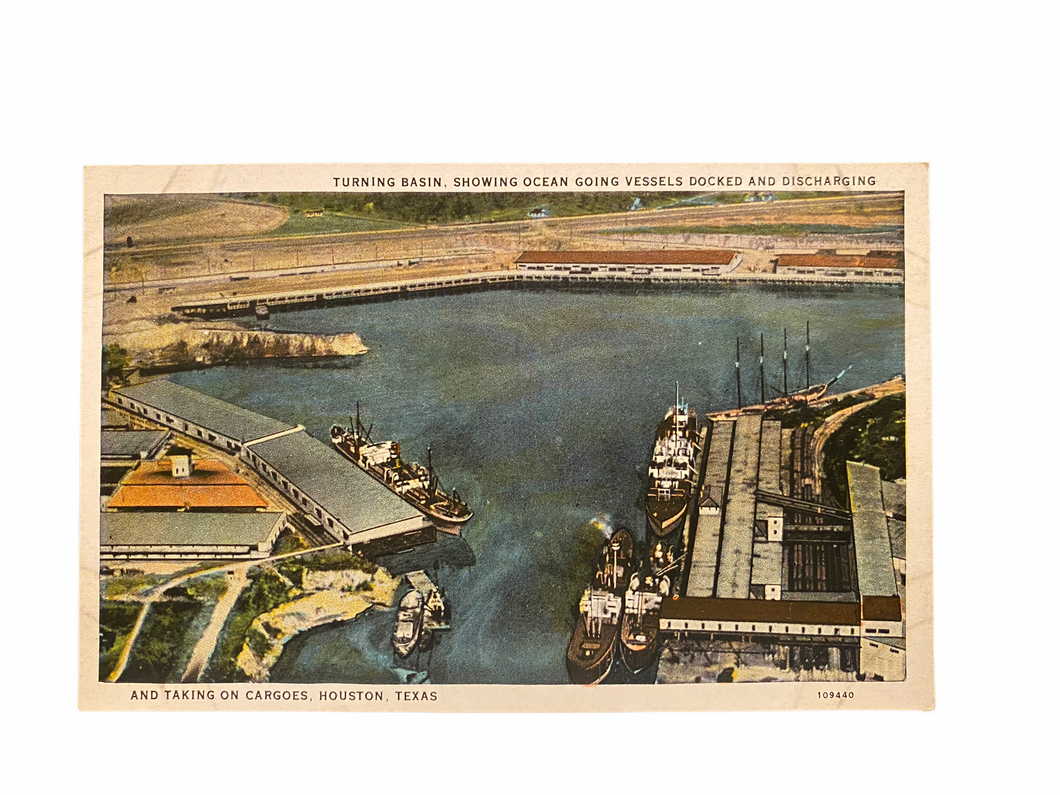Turning Basin, Showing Ocean Going Vessels Docked and Discharging and Taking Cargoes, Houston Texas Unused Postcard Circa 1915-1930