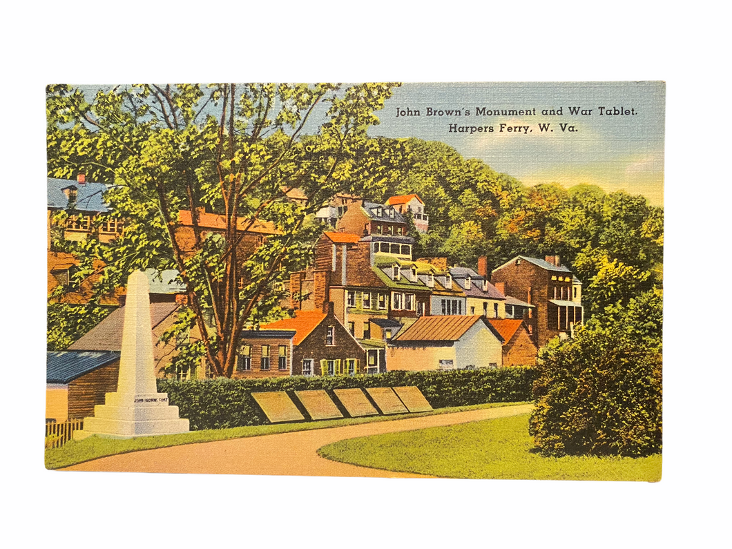John Brown’s Monument and War Tablet, Harper’s Ferry West Virginia. Unused Linen Postcard Circa 1930-1944