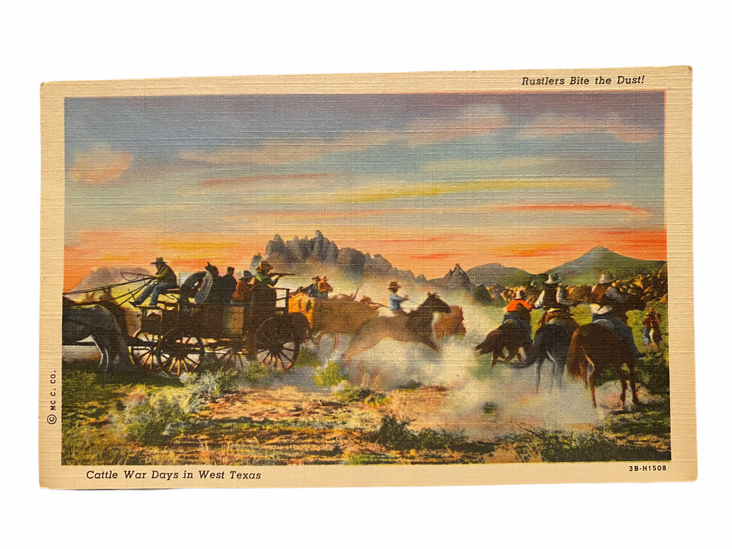 Rustlers Bite the Dust! Cattle War Days in West Texas. Unused Linen Postcard Circa 1930-1944