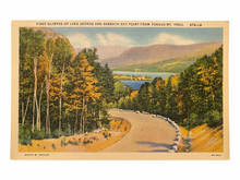 Load image into Gallery viewer, First Glimpse of Lake George and Sabbath Day Point from Tongue Mountain Trail. Unused Linen Postcard Circa 1930-1944