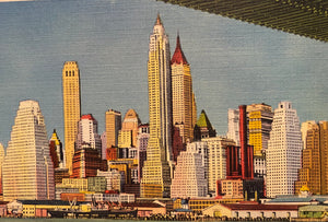 Looking at Downtown Skyline From Under Brooklyn Bridge, New York City. Linen Era (1930-1945) Unused