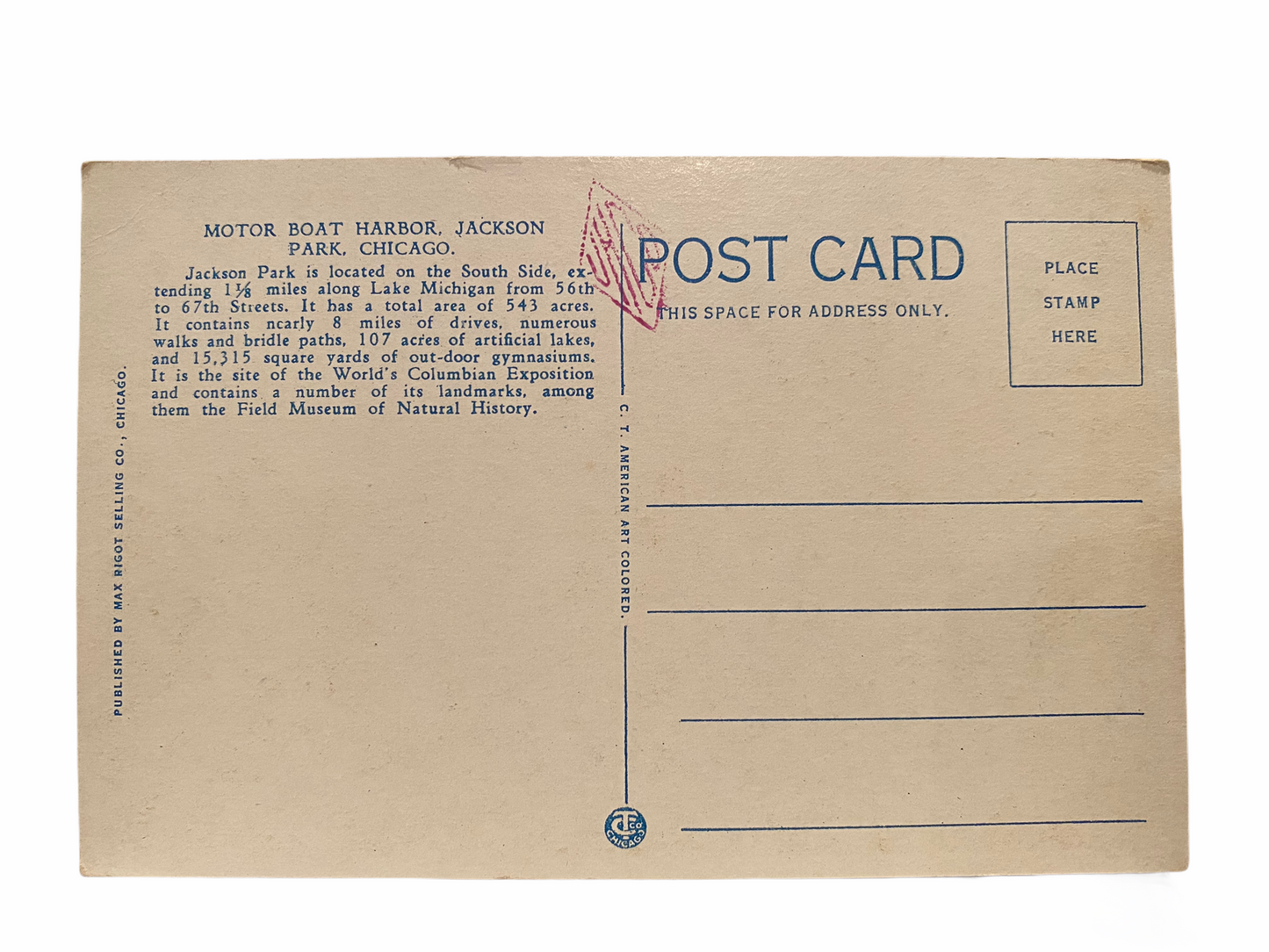 Motor Boat Harbor, Jackson Park Chicago. Unused Postcard Circa 1915-1930